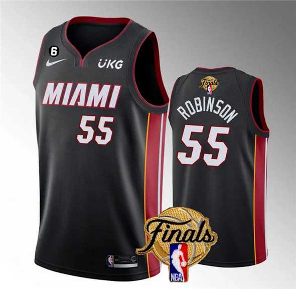 Mens Miami Heat #55 Duncan Robinson Black 2023 Finals Icon Edition With NO.6 Patch Stitched Basketball Jersey Dzhi